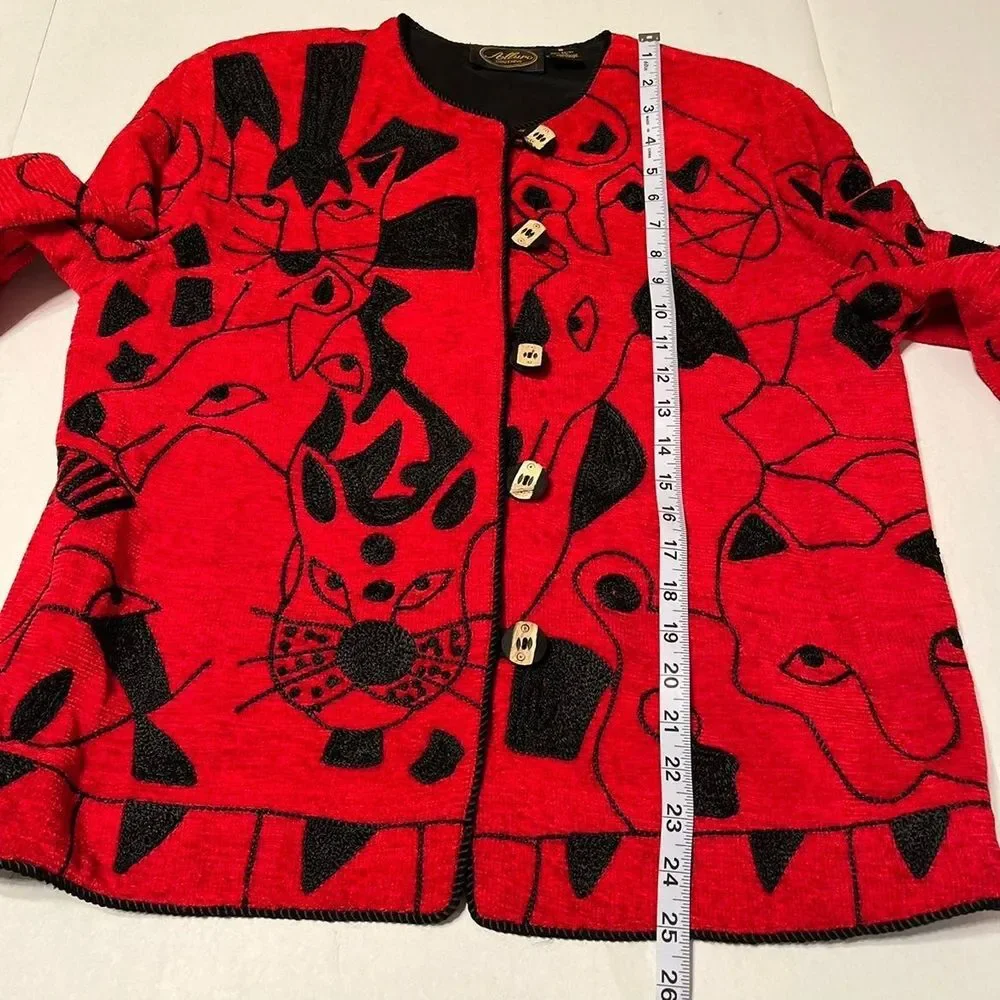 Allure Boutique VTG Black Cat Animal Jacket Embroidered Red‎ Jacket Women Small